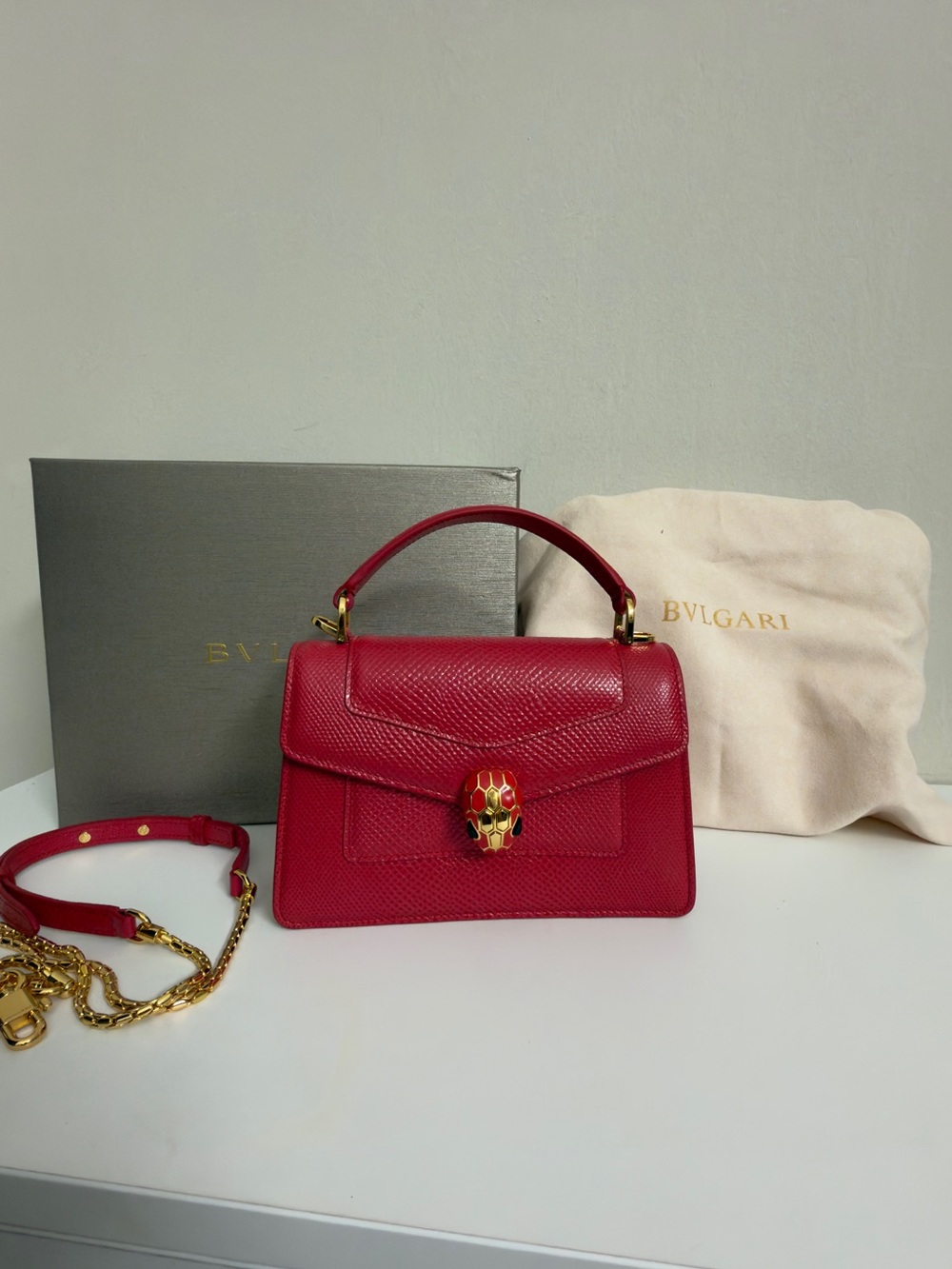 Bulgari Pink-Red Serpenti Top Handle Satchel with Gold Hardware